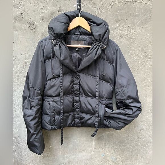 TAHARI SHORT PUFFER JACKET WARM DOWN FILLING HIDDEN HOOD BLACK SMALL - Picture 14 of 16